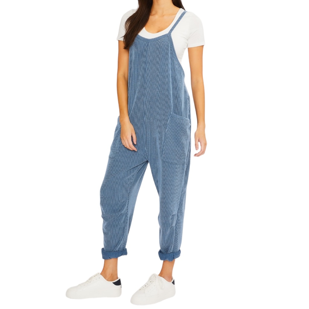 Women's Lt Denim/Blue Ribbed Sleeveless Jumpsuit W/ Pockets Nwt